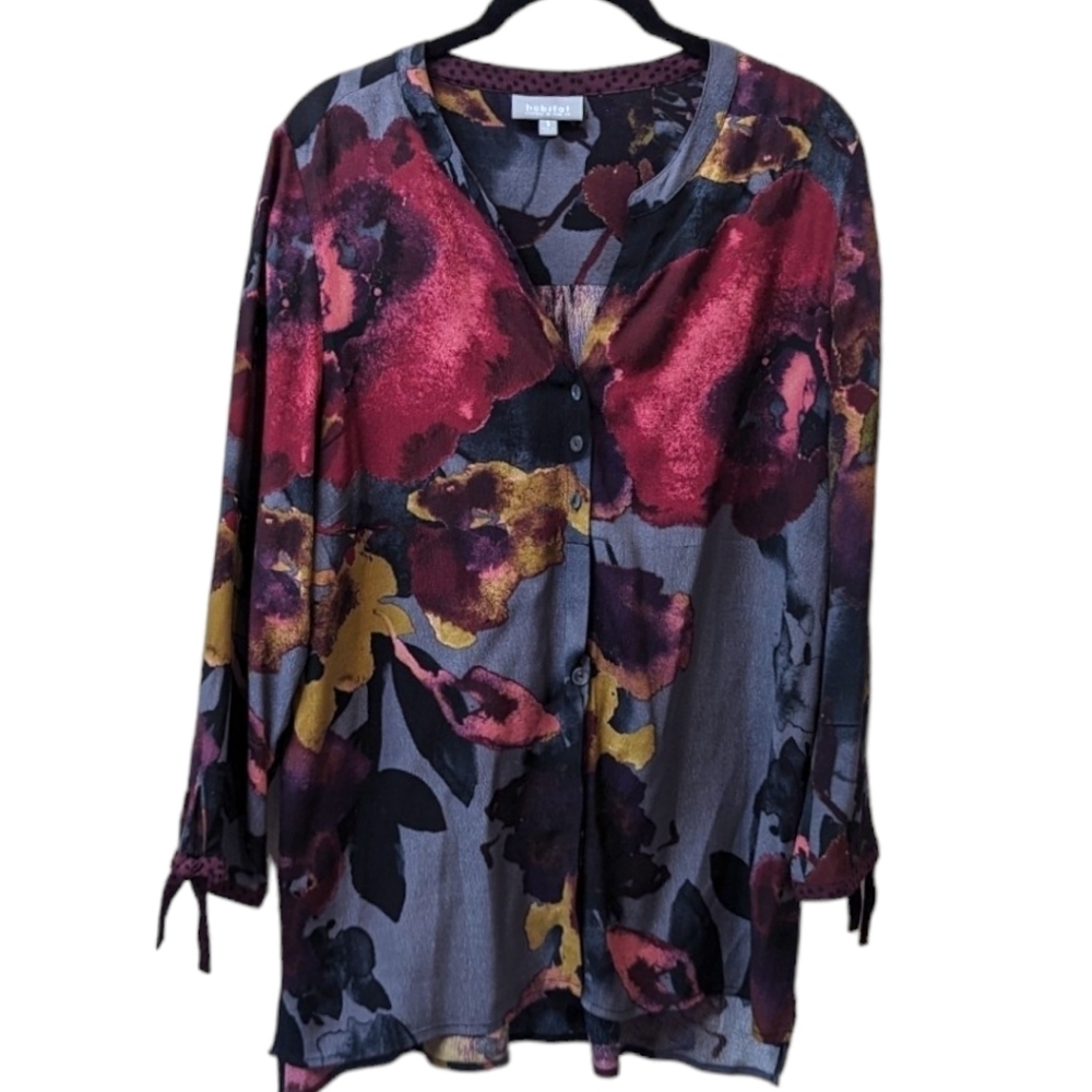 Habitat Vibrant Floral Print Button Up Tie Cuff Tunic Shirt (S)